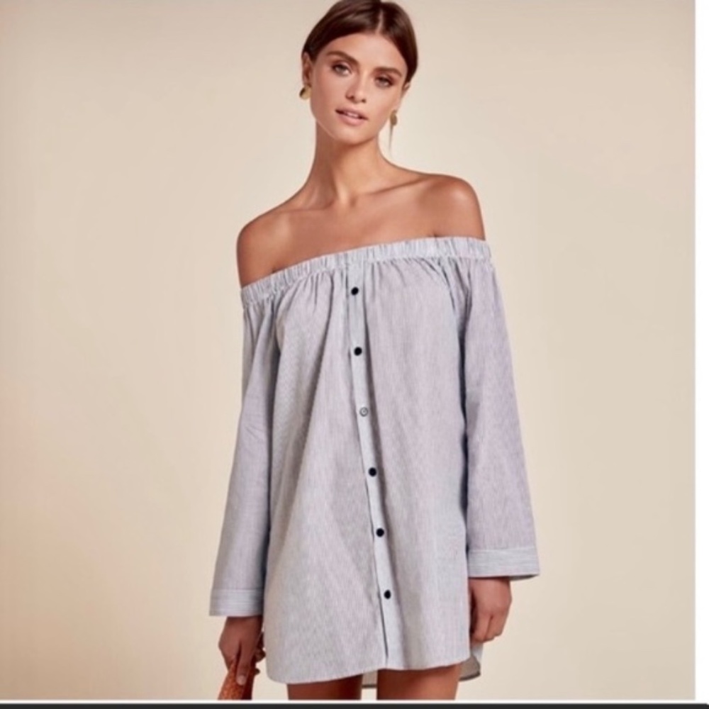 REFORMATION Blue Striped Button Banker Tunic Dress